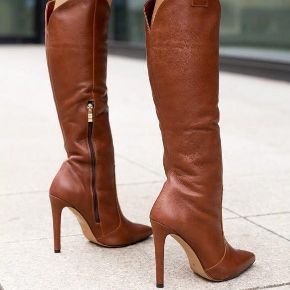 Lavinque Boots Cuir marron / 35 Bottes Hautes à Talon Aiguille | Élégance et Raffinement | Look Sophistiqué