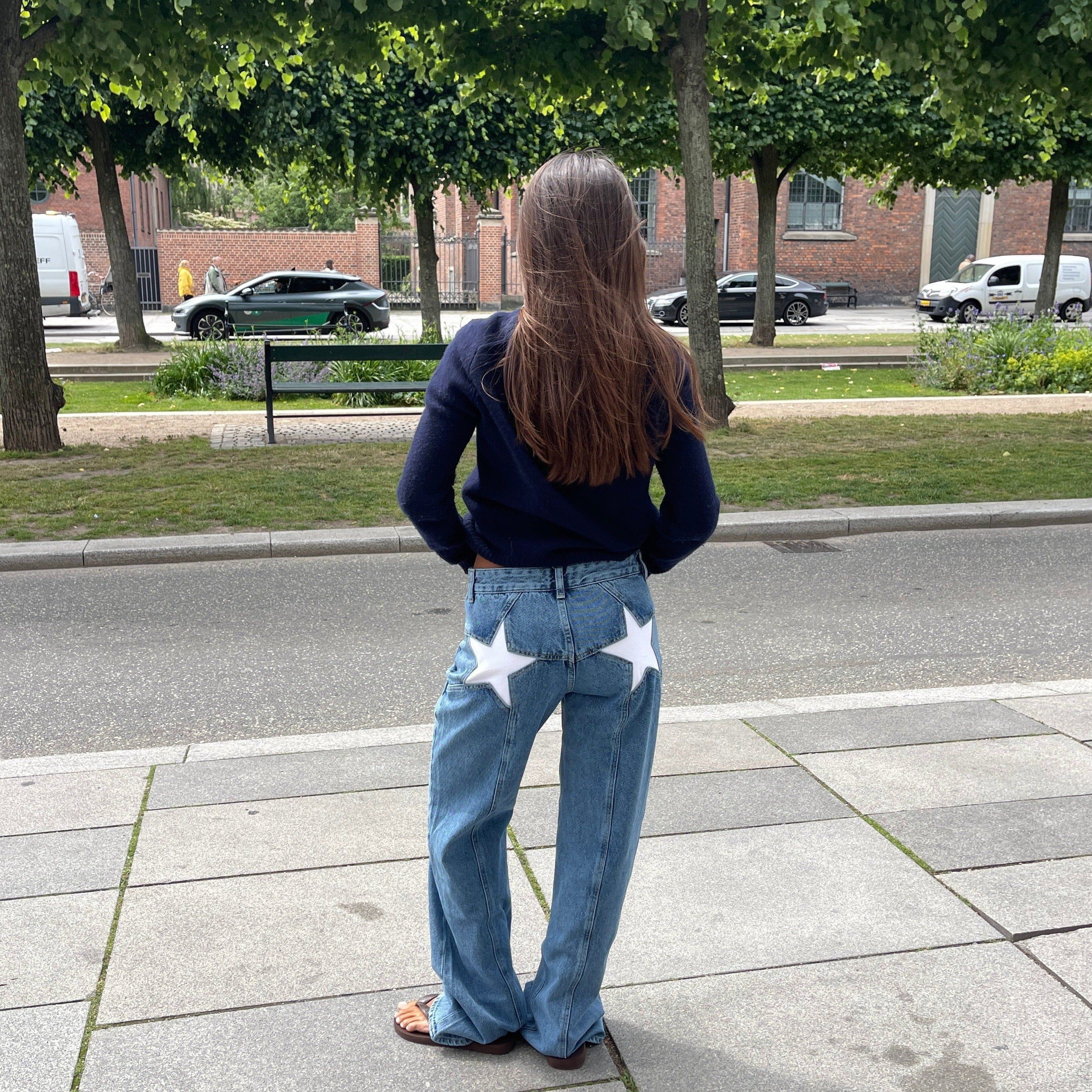Lavinque jeans Denim clair avec étoiles blanches / XS Jean Baggy Étoilé | Taille Haute | Streetwear et Original