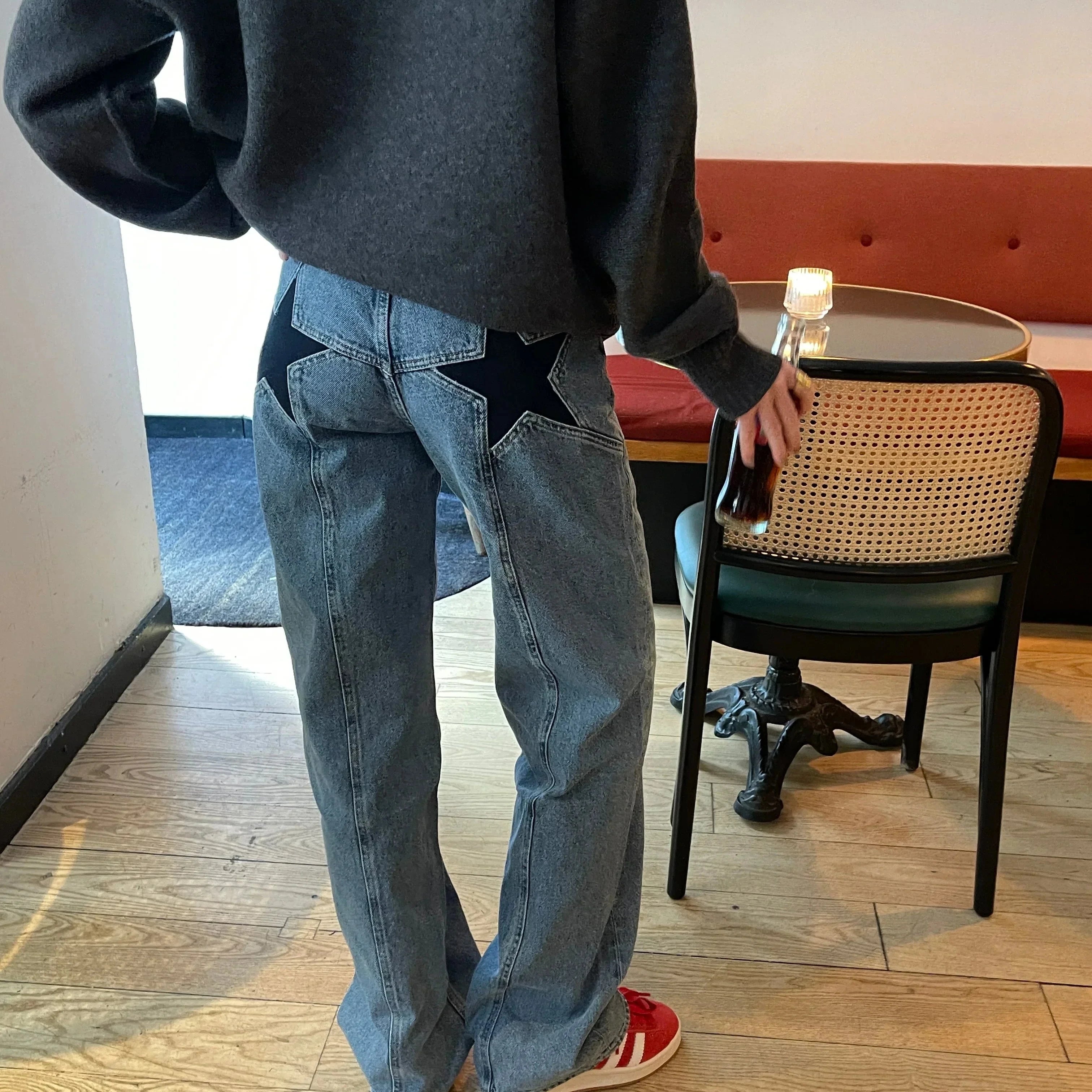 Lavinque jeans Denim clair avec étoiles en denim foncé / XS Jean Baggy Étoilé | Taille Haute | Streetwear et Original