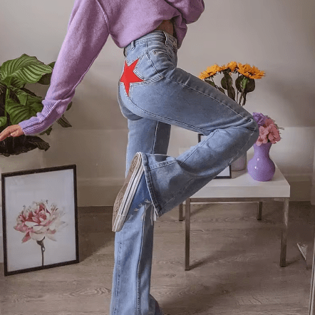 Lavinque jeans Denim clair avec étoiles rouges / XS Jean Baggy Étoilé | Taille Haute | Streetwear et Original