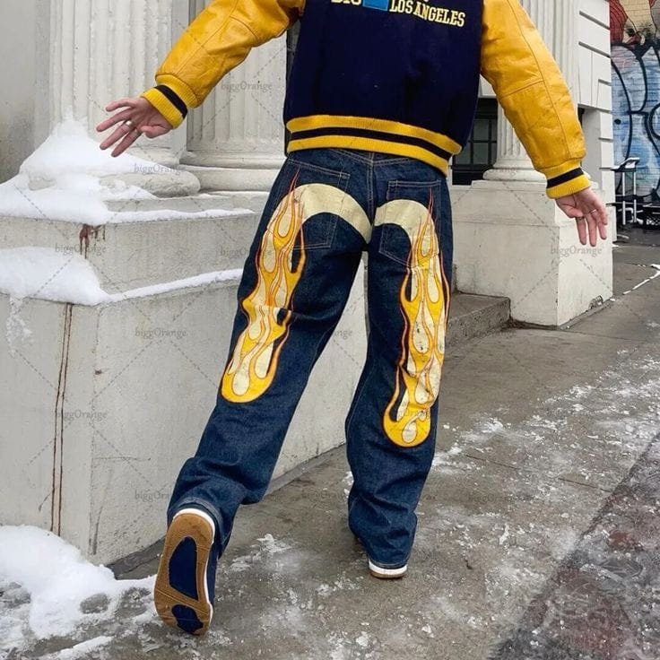 Lavinque Jeans Flammes / S Jean Baggy Bicolore | Streetwear | Original et Audacieux