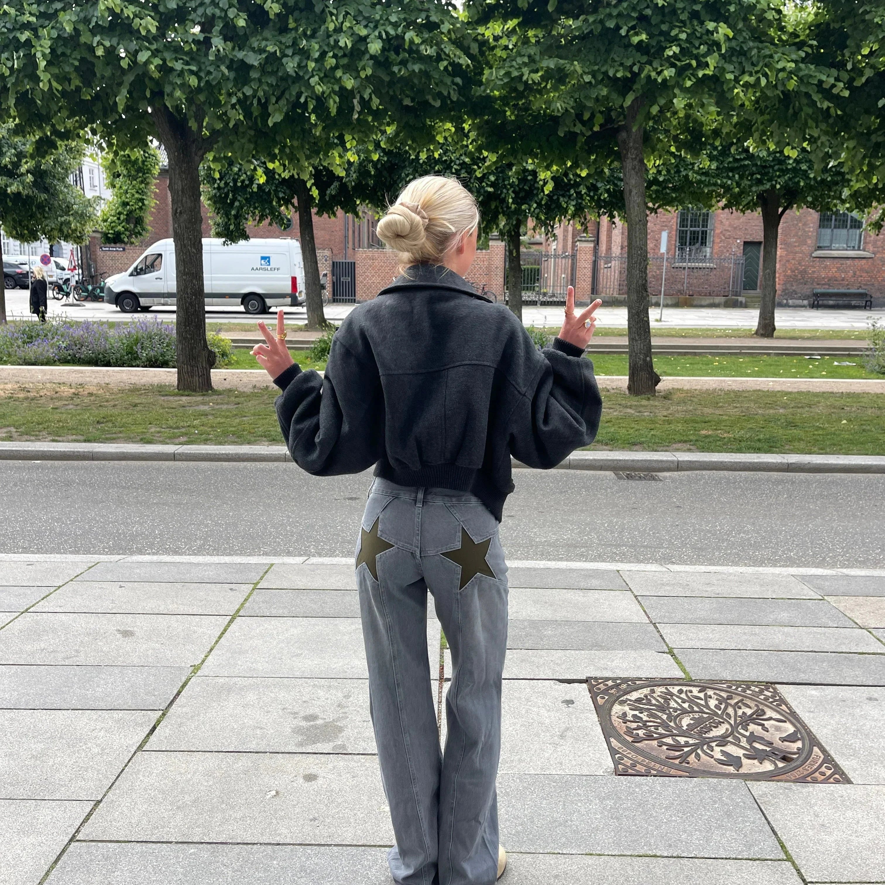 Lavinque jeans Gris avec des étoiles kaki / XS Jean Baggy Étoilé | Taille Haute | Streetwear et Original