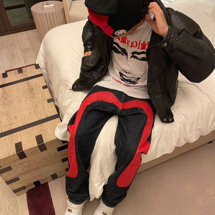 Lavinque Jeans Rouge / S Jean Baggy Bicolore | Streetwear | Original et Audacieux