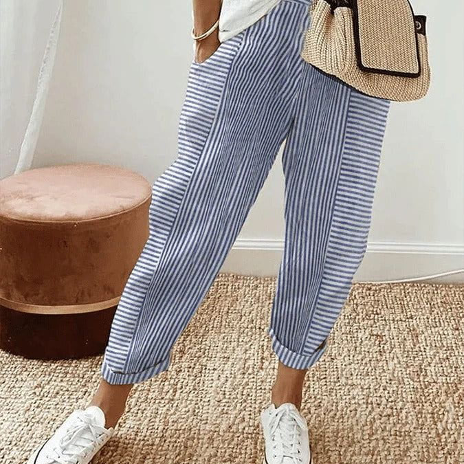 Lavinque Trousers Bleu / XS Pantalon Décontracté à Rayures | Coton Léger | Casual et Confortable