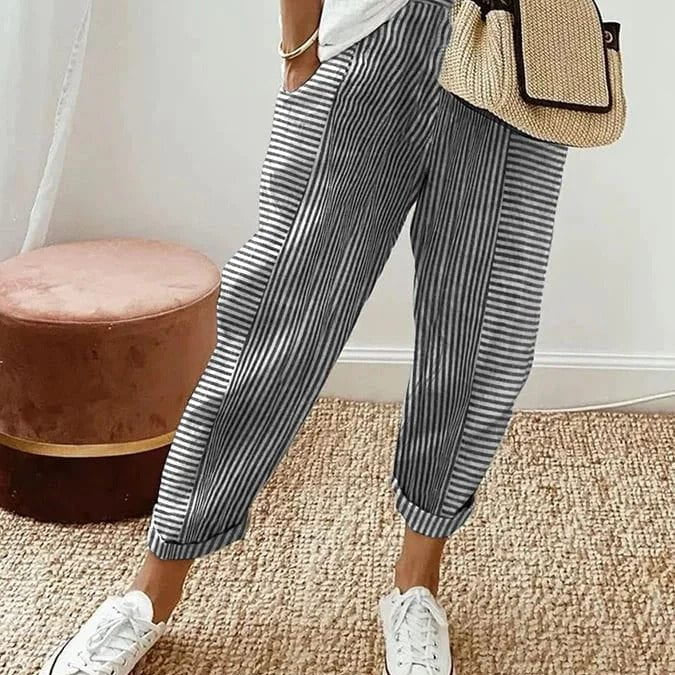 Lavinque Trousers Noir / XS Pantalon Décontracté à Rayures | Coton Léger | Casual et Confortable