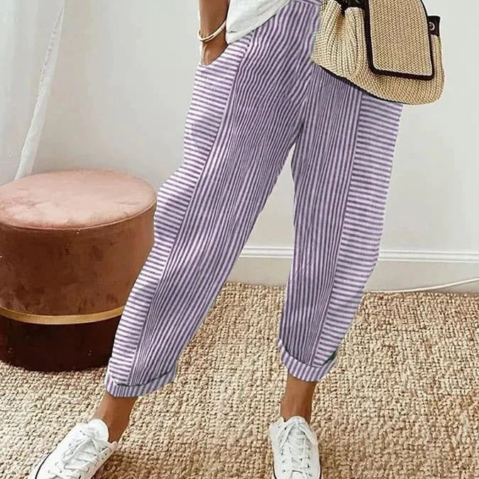 Lavinque Trousers Pourpre / XS Pantalon Décontracté à Rayures | Coton Léger | Casual et Confortable