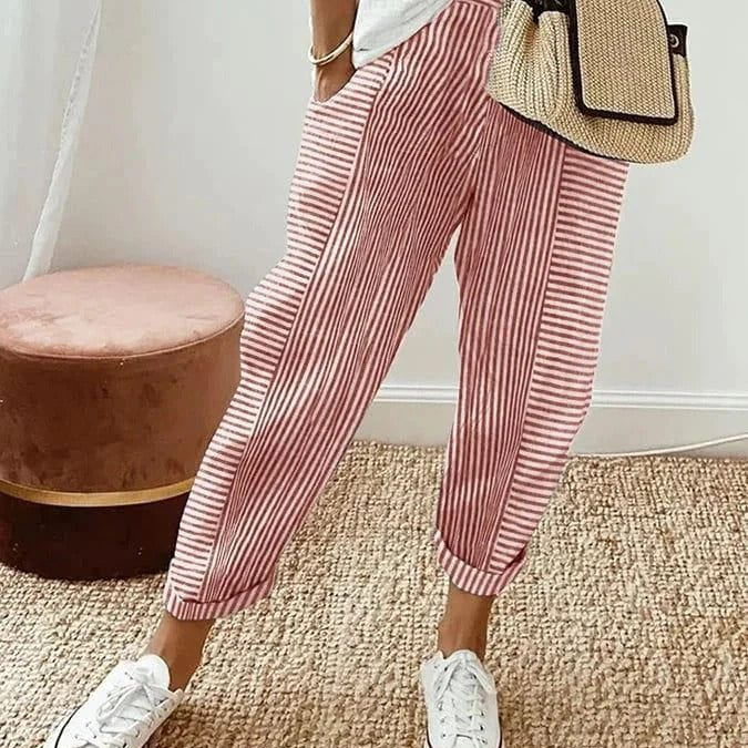 Lavinque Trousers Rouge / XS Pantalon Décontracté à Rayures | Coton Léger | Casual et Confortable