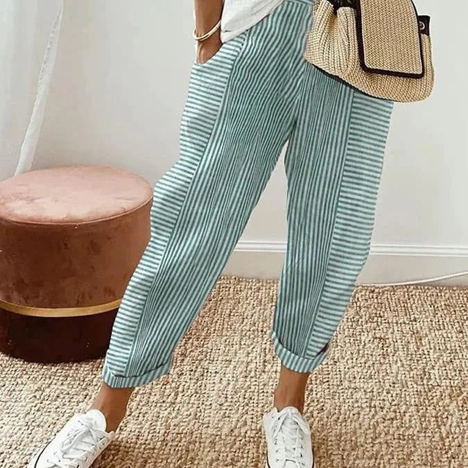 Lavinque Trousers Vert / XS Pantalon Décontracté à Rayures | Coton Léger | Casual et Confortable