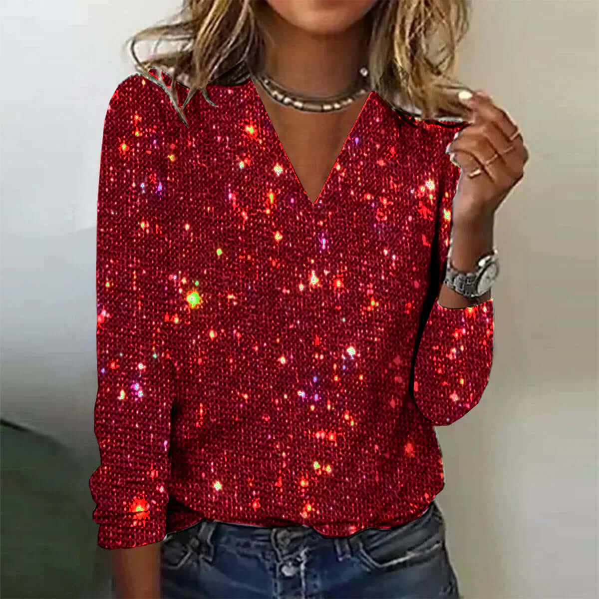 Haut à paillettes | Scintillant & chic | Col en V élégant