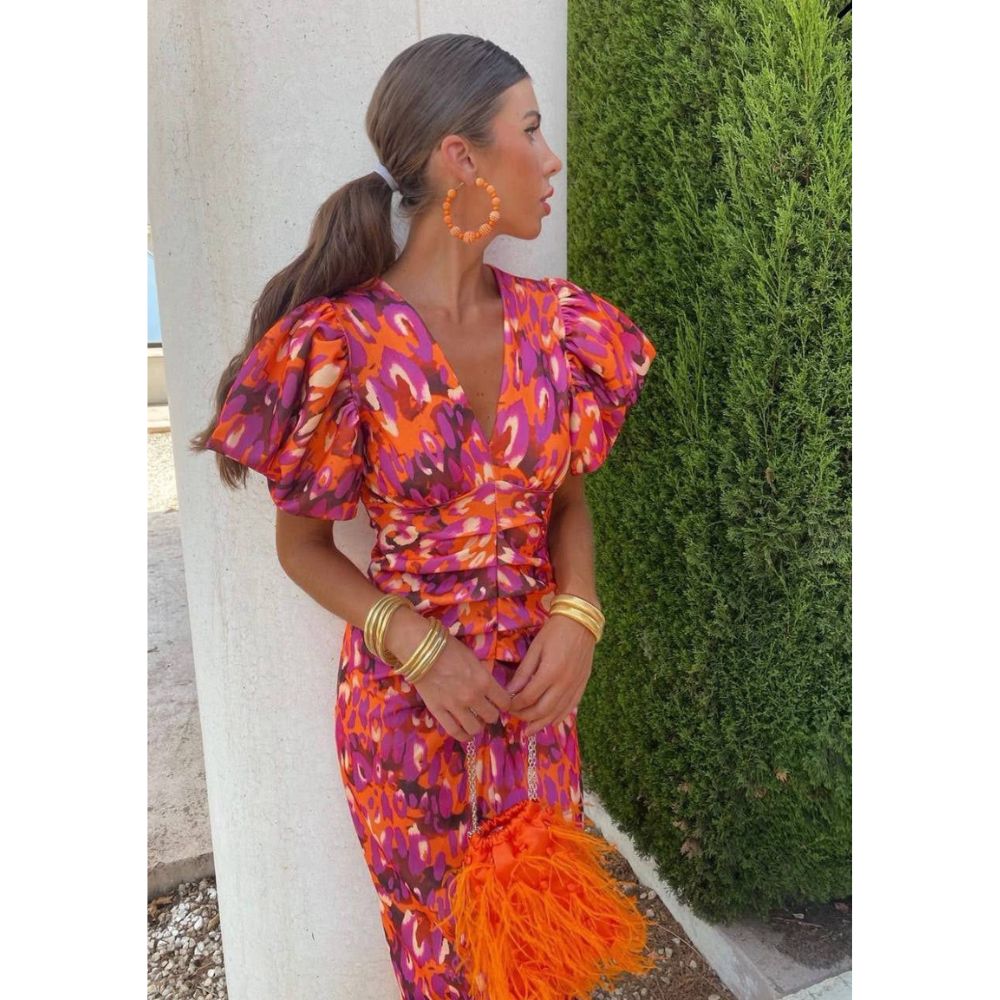 Robe Midi Imprimée | Manches Bouffantes | Élégante et Tendance