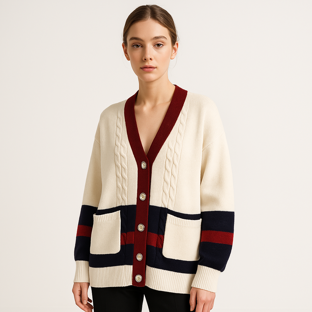 Cardigan Élégant à Bandes | Blanc | Style Preppy et Confort Décontracté