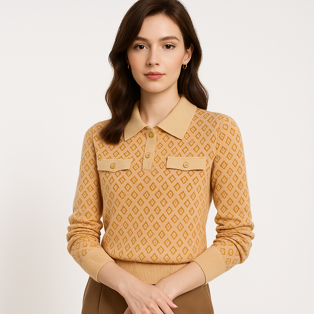 Pull à Col Chemise | Abricot | Chic Graphique et Élégant