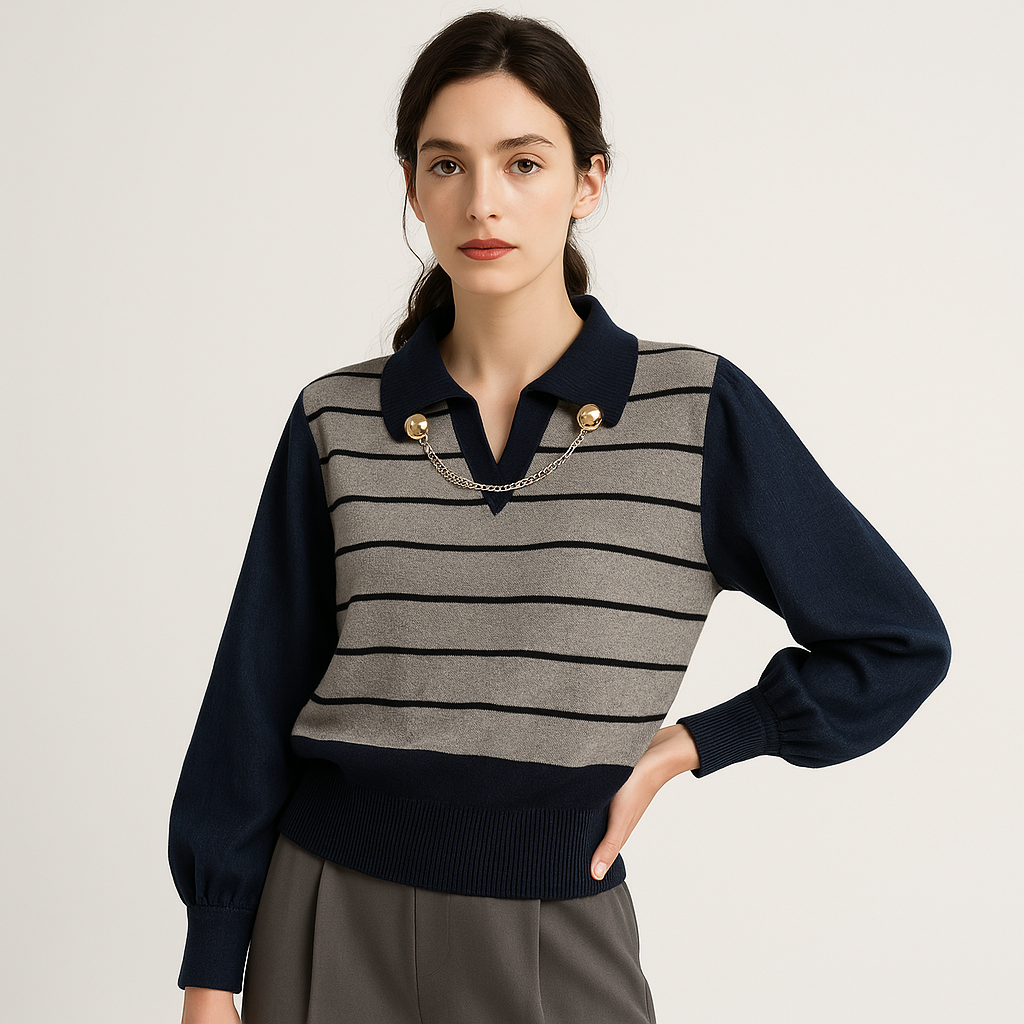 Pull Rayé à Col Chaînette | Bleu & Blanc | Preppy et Moderne