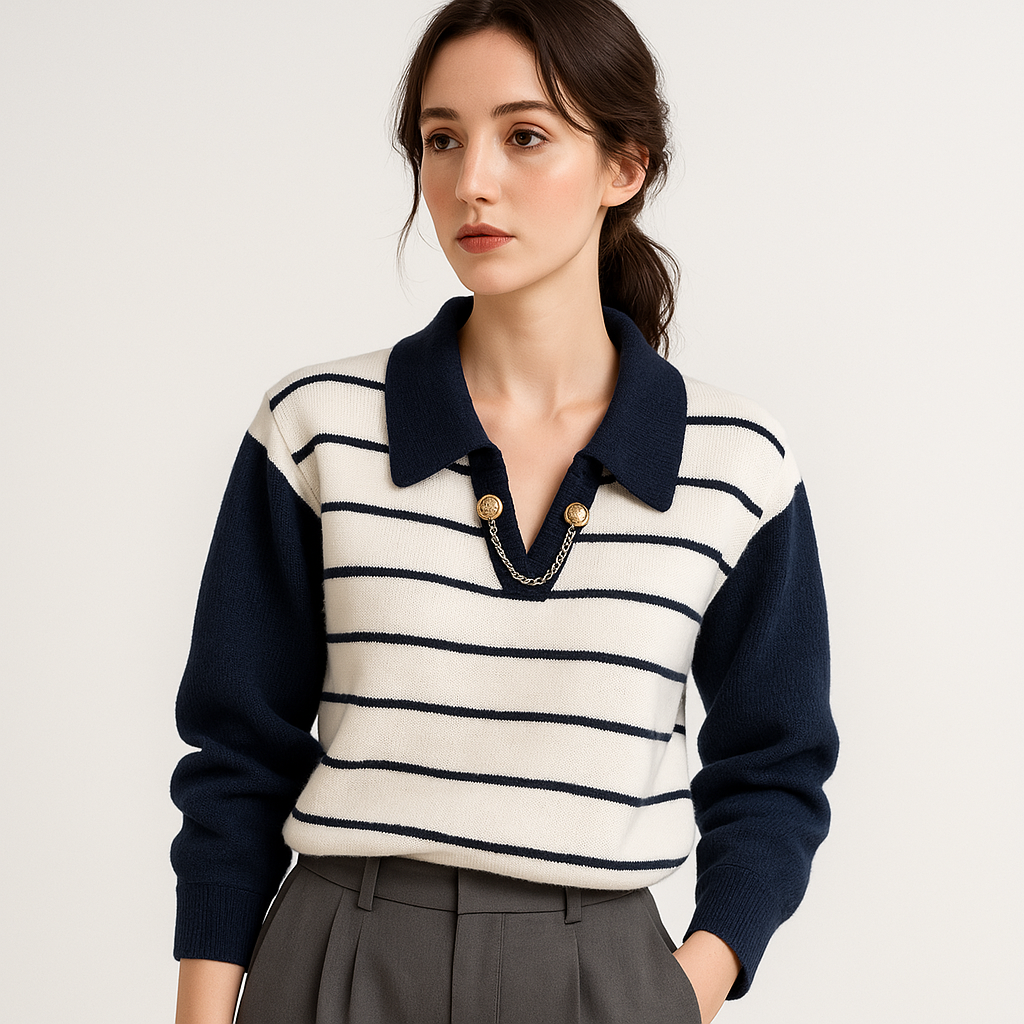 Pull Rayé à Col Chaînette | Bleu & Blanc | Preppy et Moderne
