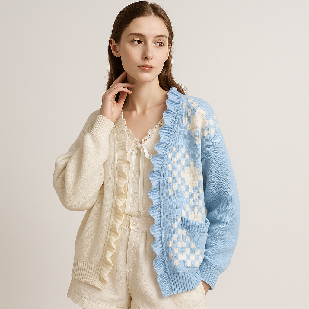 Cardigan Bicolore à Volants | Bleu Clair | Doux, Kawaii et Confortable