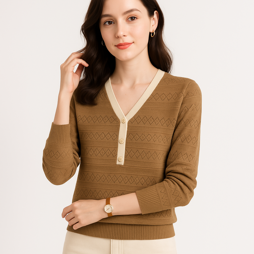 Pull Col V Contrasté | Maille Ajourée | Élégant et Léger