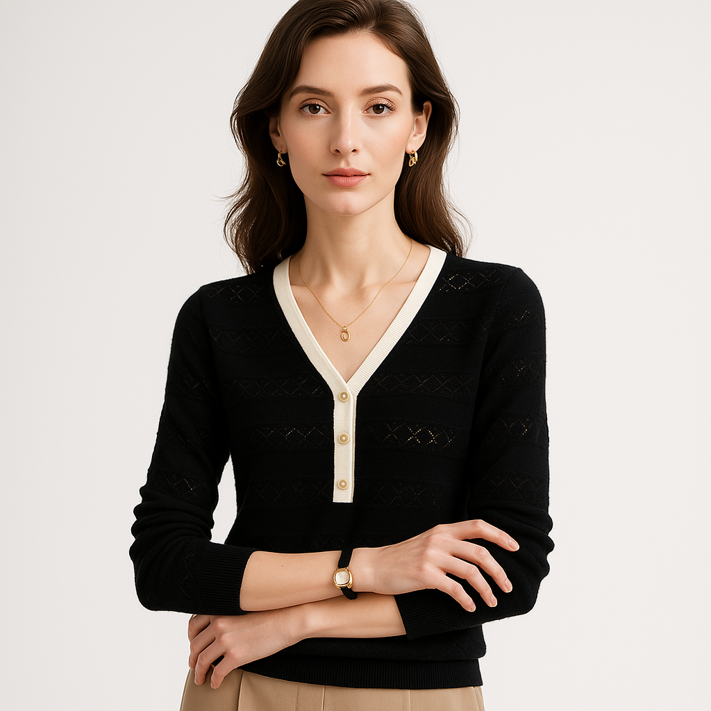 Pull Col V Contrasté | Maille Ajourée | Élégant et Léger
