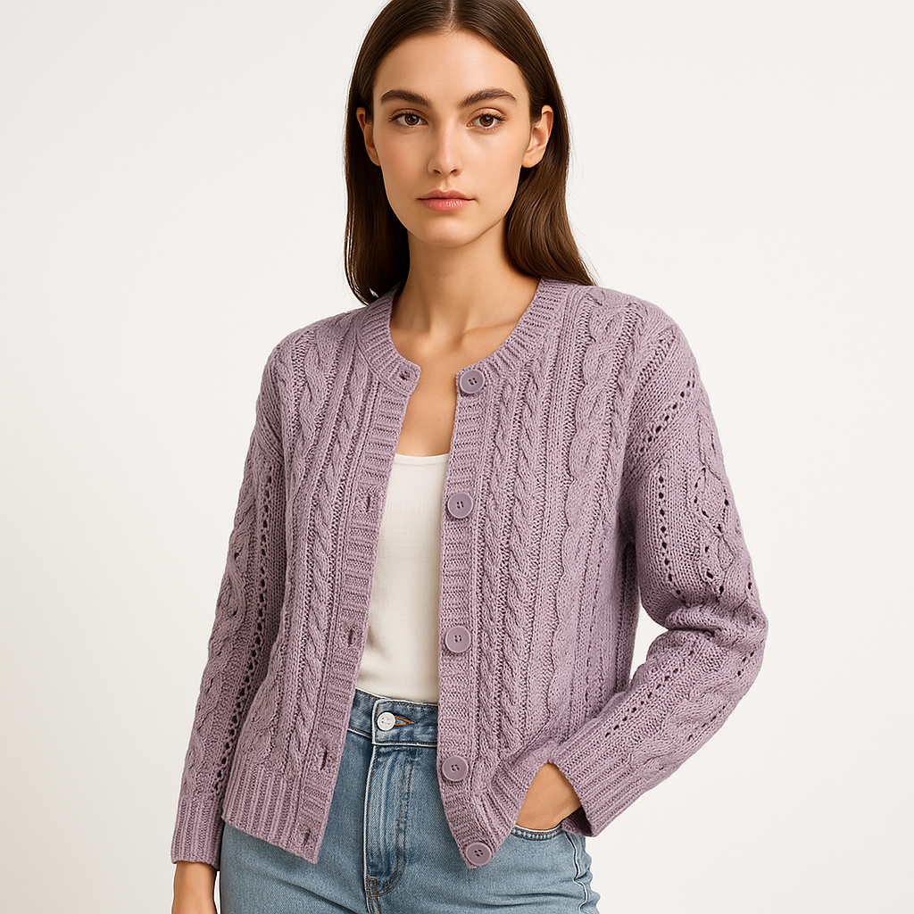 Cardigan Torsadé Boutonné | Violet & Vert | Douillet et Structuré