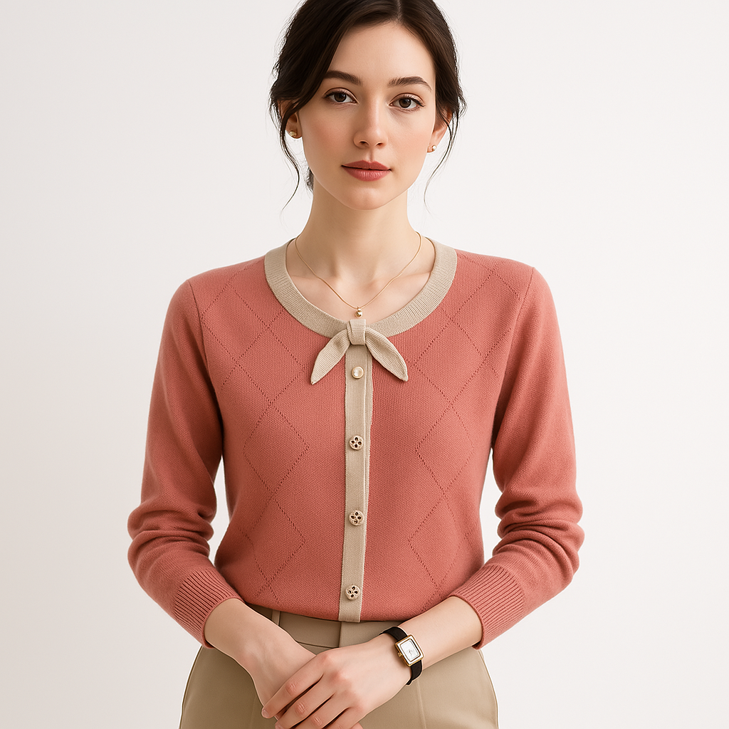 Cardigan Rose Élégant | Détails Contrastés & Nœud | Chic et Féminin