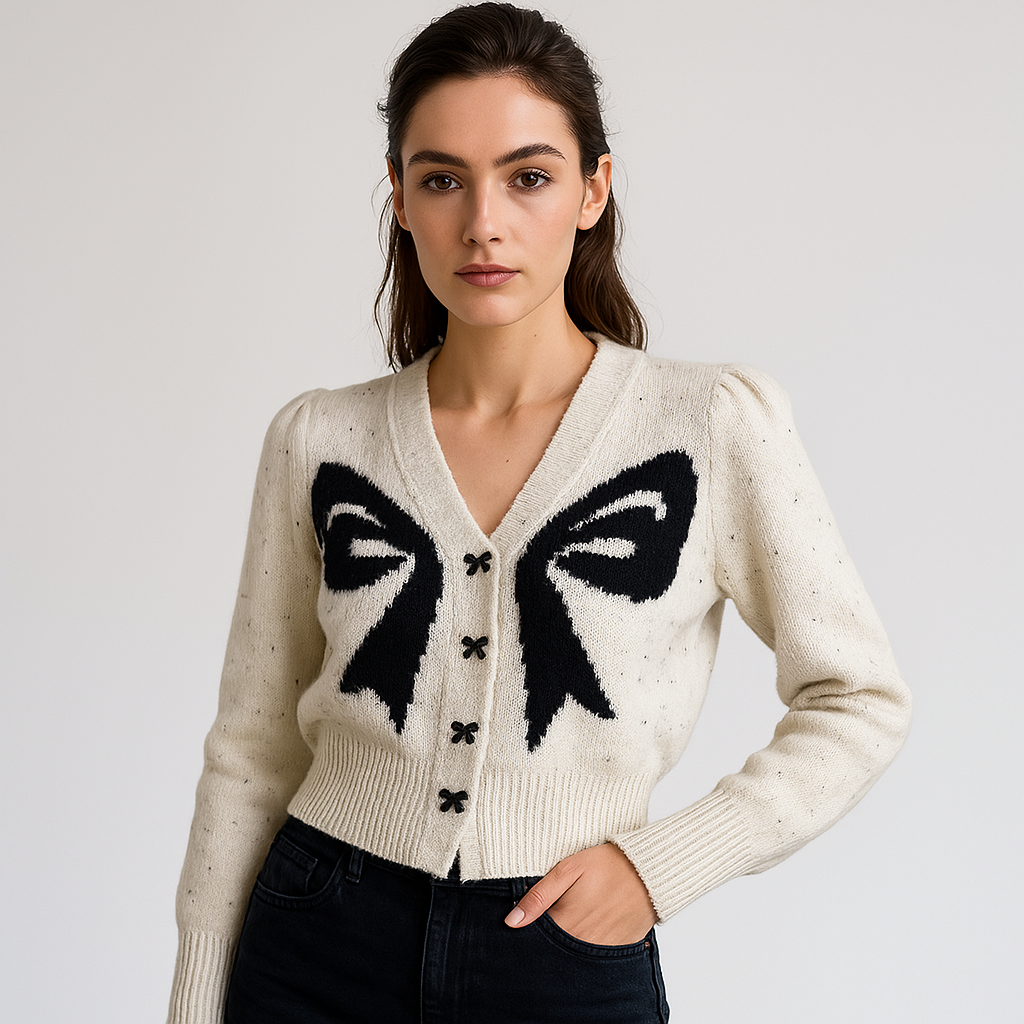 Cardigan Nœud Papillon | Tricot Original | Blanc & Noir Contrasté