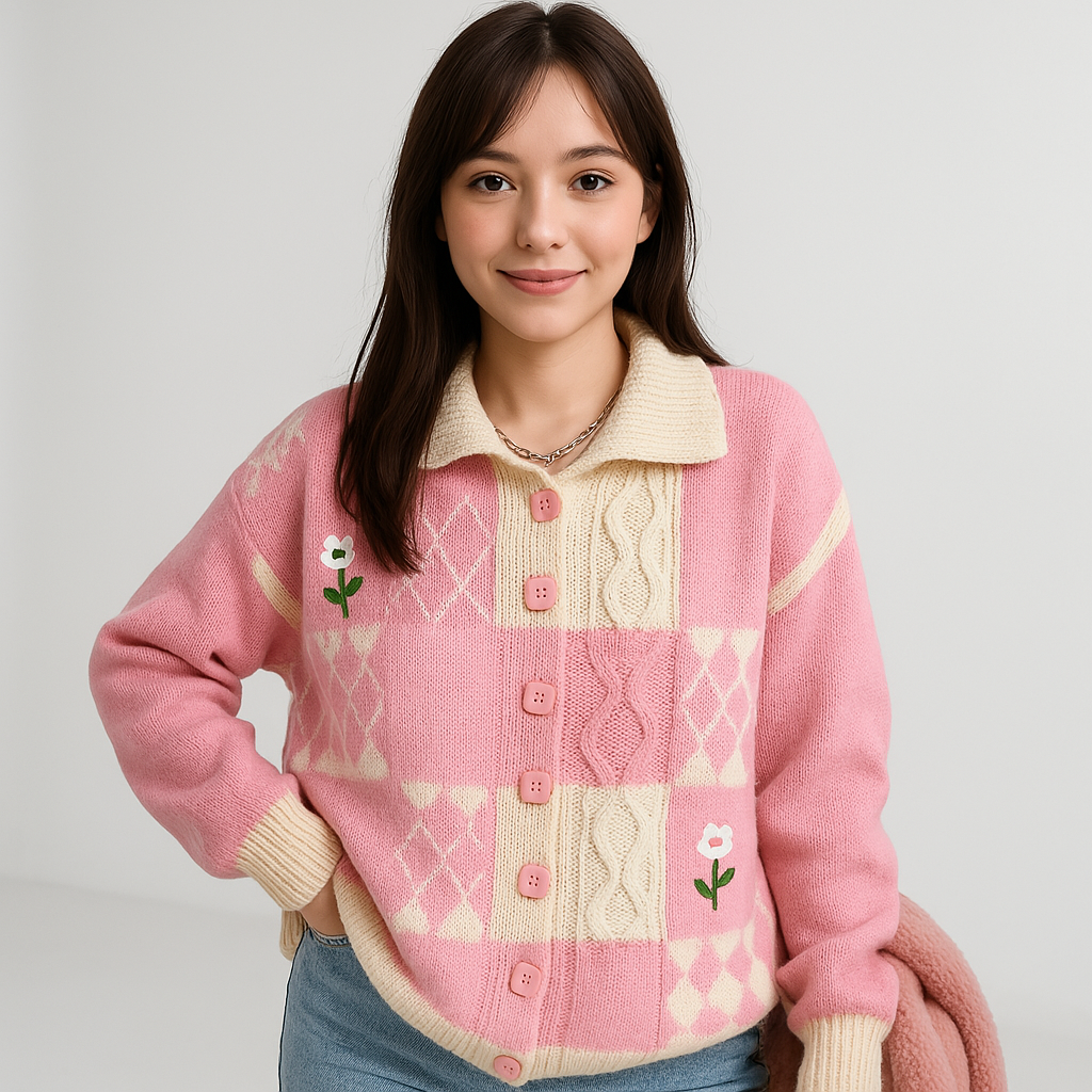 Cardigan Patchwork Fleur | Rose ou Vert | Douillet & Stylé