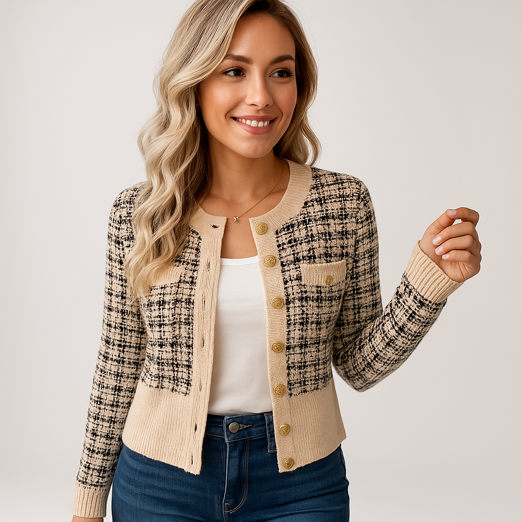 Cardigan Tweed Boutonné | Beige & Noir | Élégant & Structuré