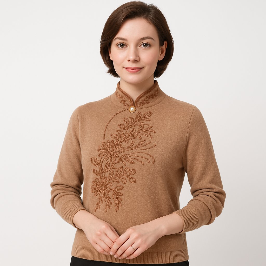Pull Brodé à Col Mandarin | Camel, Noir | Élégance Classique & Moderne