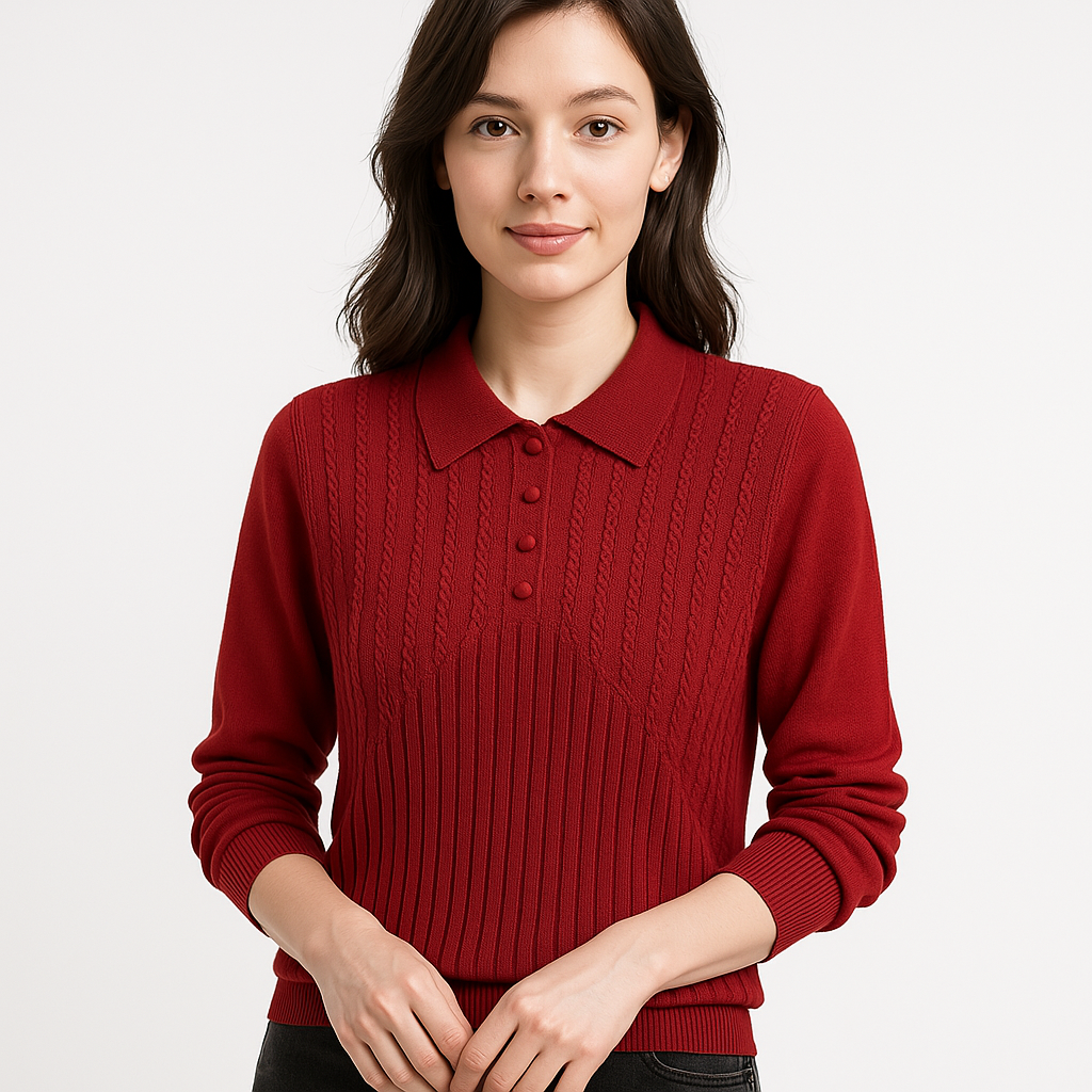 Pull Col Chemise à Détails Maille | Rose Clair, Rouge, Vert | Élégant & Confortable