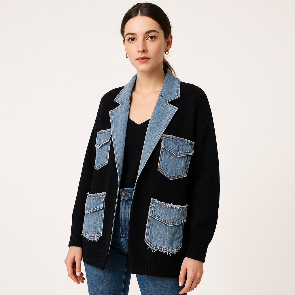 Cardigan en maille avec poches denim | Bimatière | Style oversize urbain