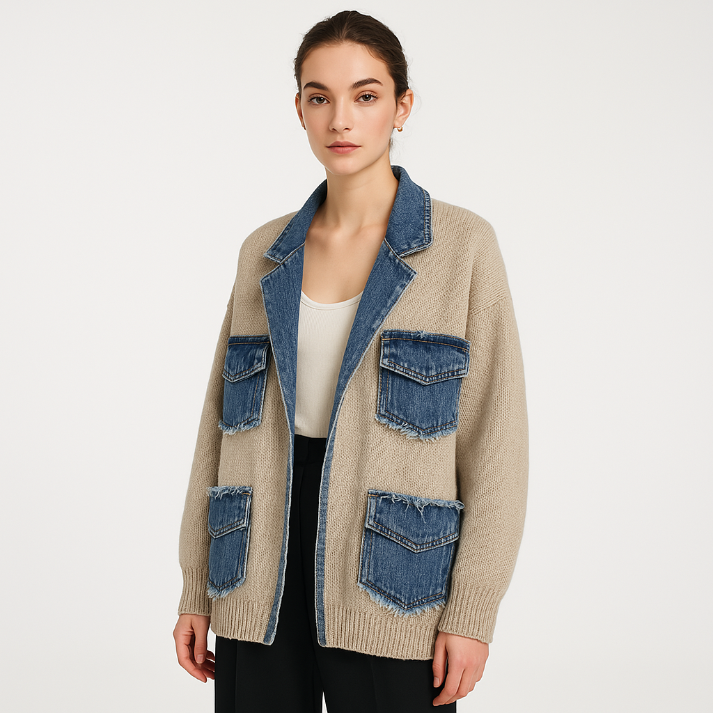 Cardigan en maille avec poches denim | Bimatière | Style oversize urbain