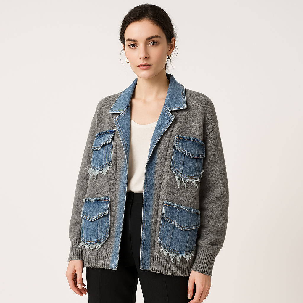 Cardigan en maille avec poches denim | Bimatière | Style oversize urbain