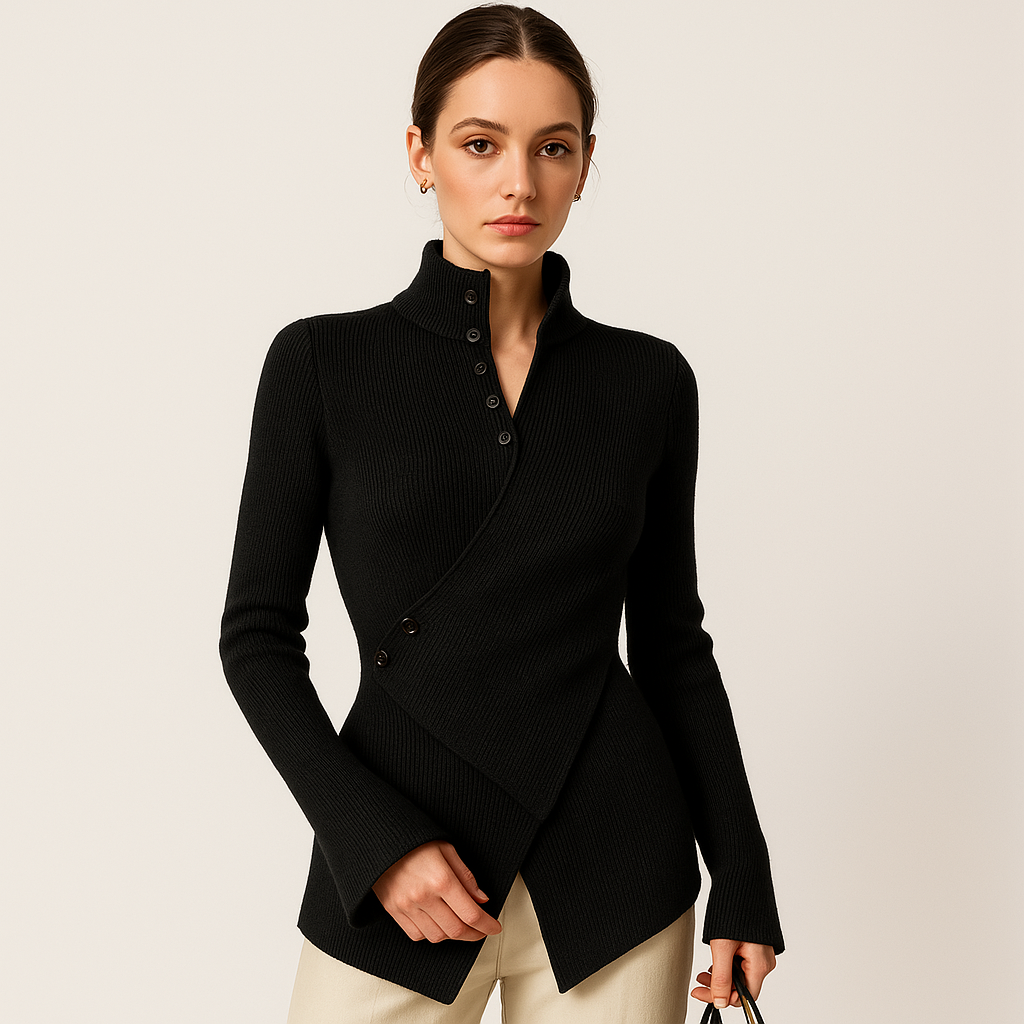 Pull Asymétrique Élégant | Noir | Col Montant & Boutons