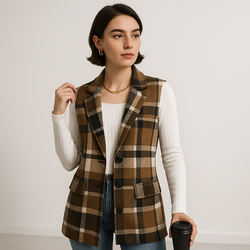 Gilet Long à Carreaux | Sans Manches | Style Décontracté Chic