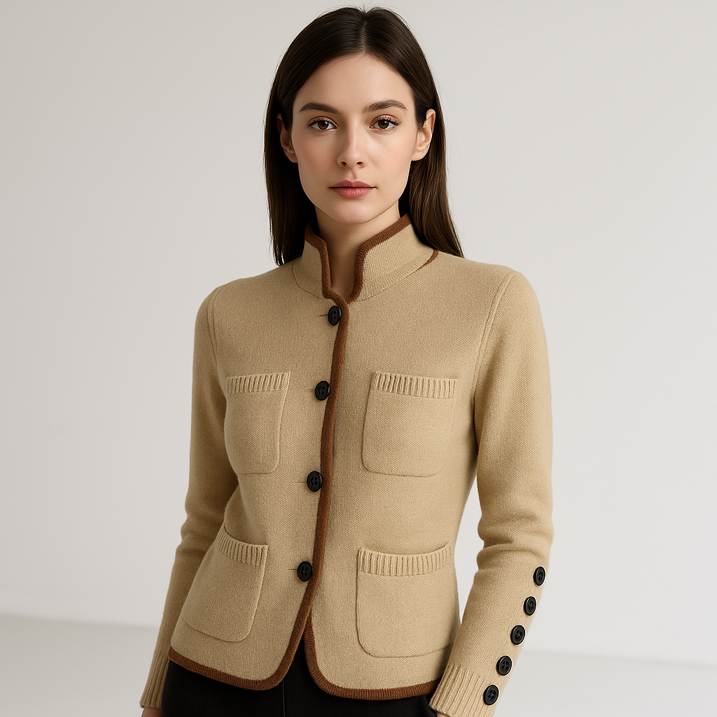 Cardigan Col Montant Boutonné | Détail Contrasté | Élégance Décontractée