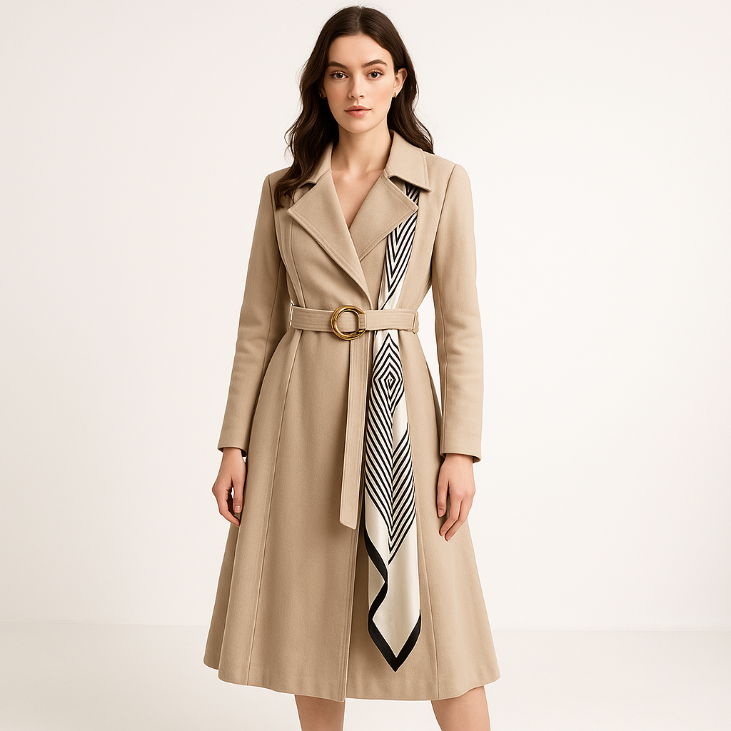 Trench Ceinturé avec Foulard | Élégance Chic | Coupe Mi-longue