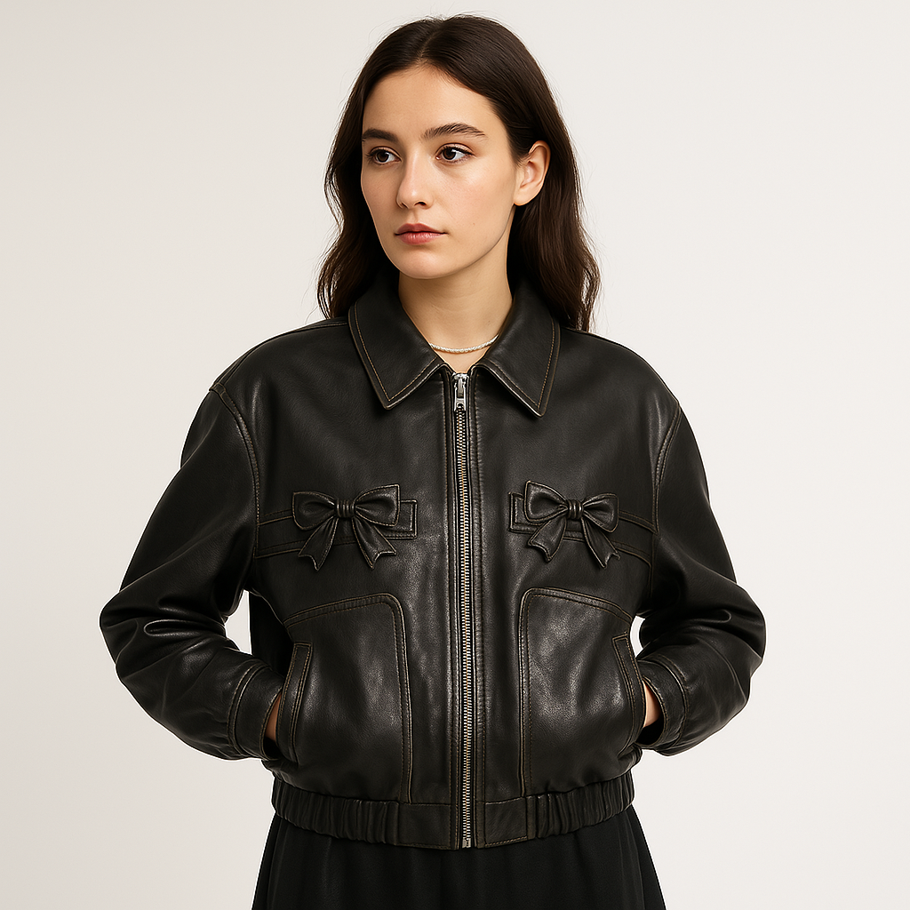 Veste Bomber en Similicuir avec Nœuds | Originale & Stylée | Coupe Oversized