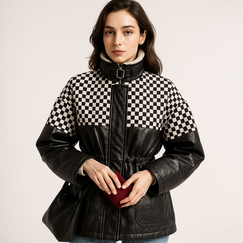 Veste en cuir effet mat | Motif damier | Chaude et stylée
