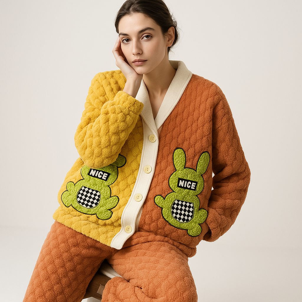 Ensemble Pyjama Peluche | Orange & Jaune | Motif Lapin Ludique