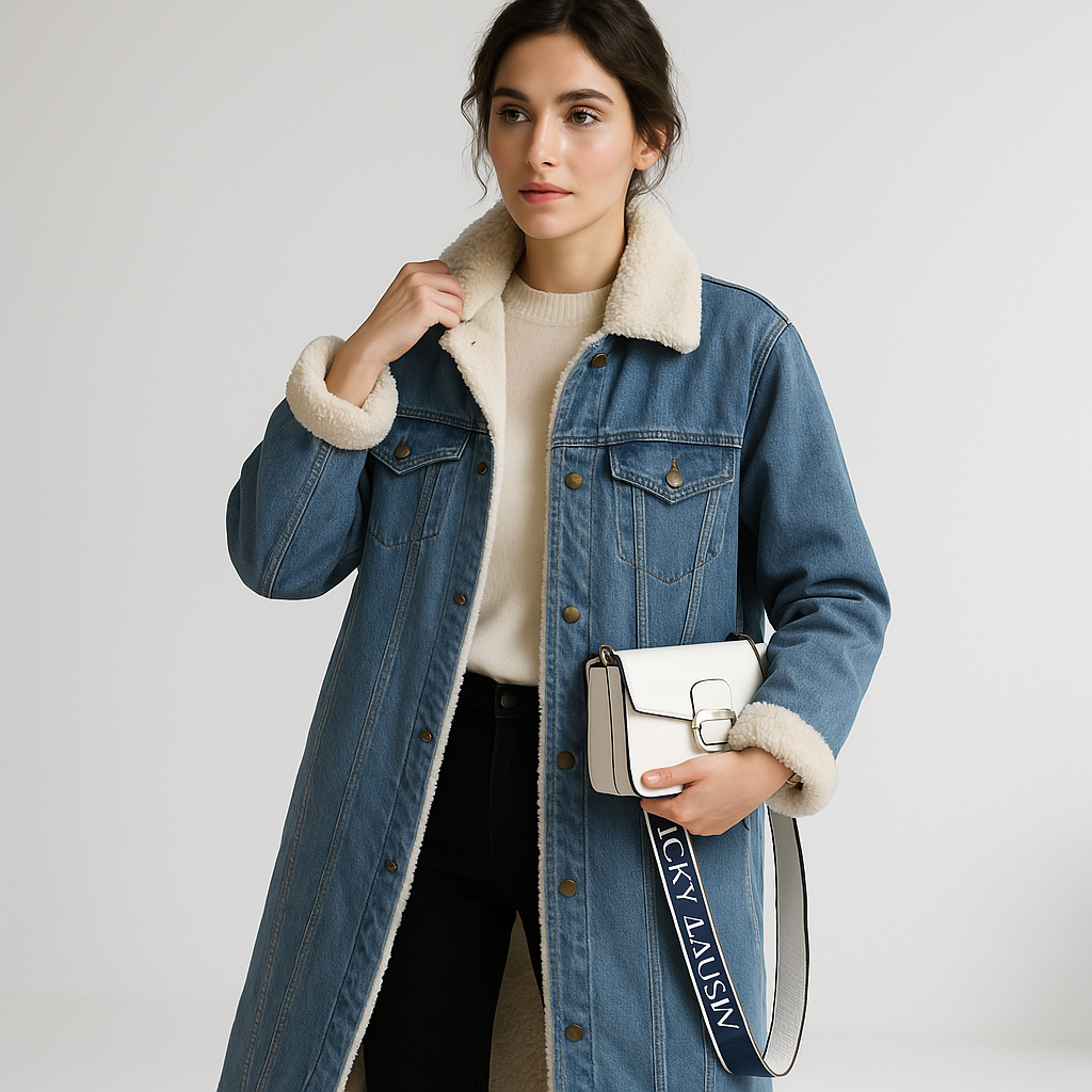 Manteau Long en Jean | Doublé Polaire | Bleu Délavé & Fourrure