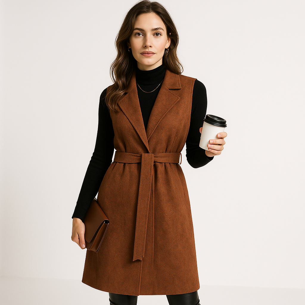 Gilet Long Femme | Suédine | Sans Manches Ceinturé