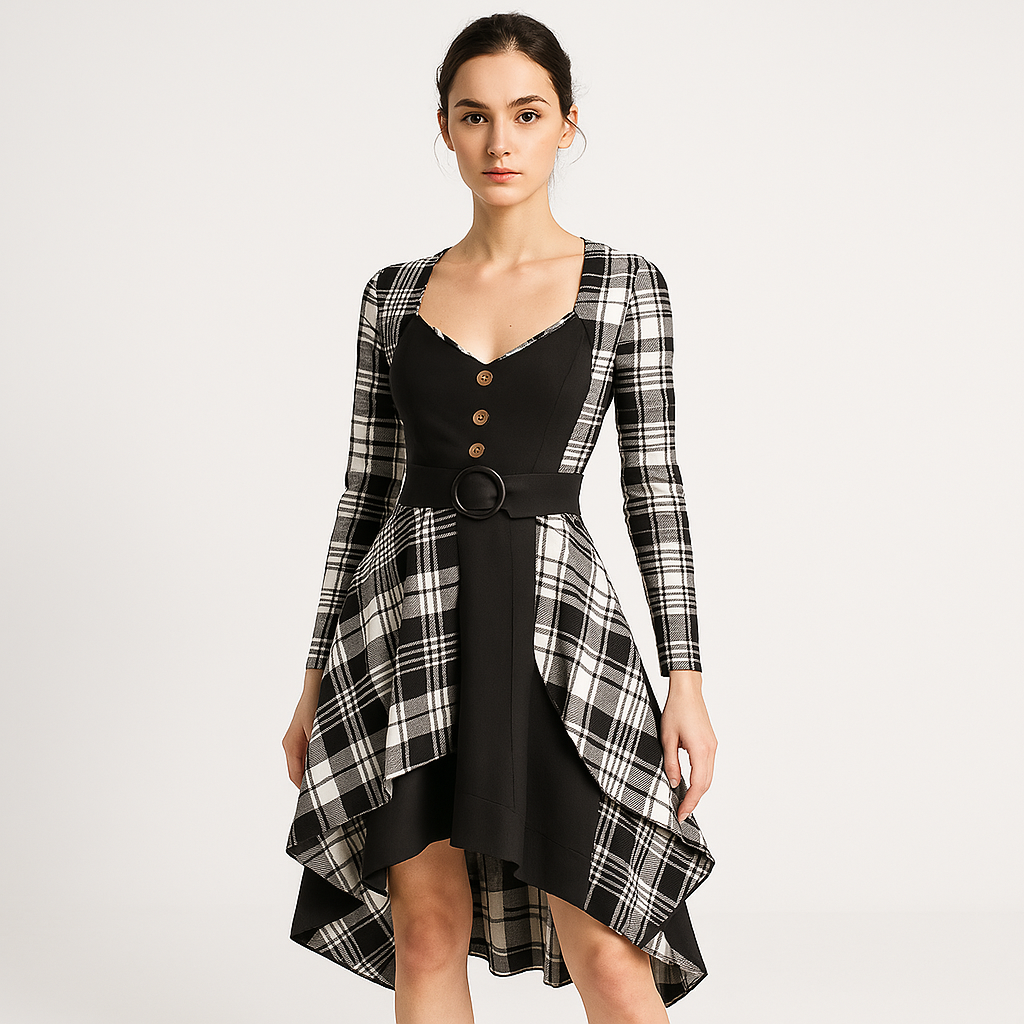 Robe Asymétrique à Carreaux | Ceinturée | Élégance Unique