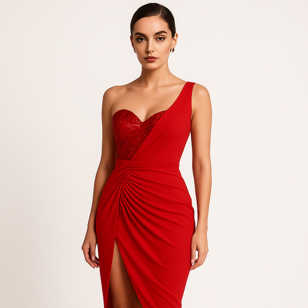 Robe de Soirée Asymétrique | Sequins & Drapé | Élégance Nocturne