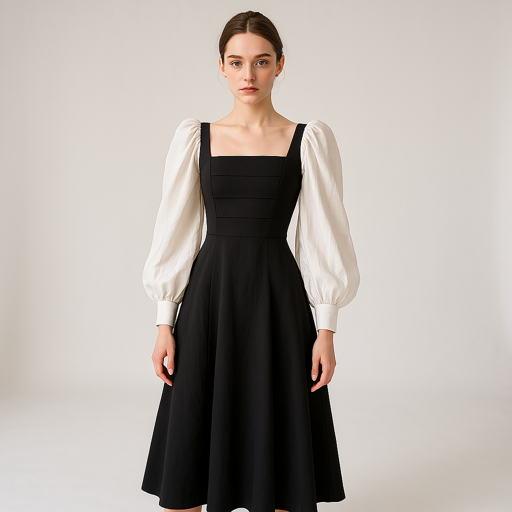 Robe Midi Élégante | Manches Bouffantes Contrastées | Noir & Blanc