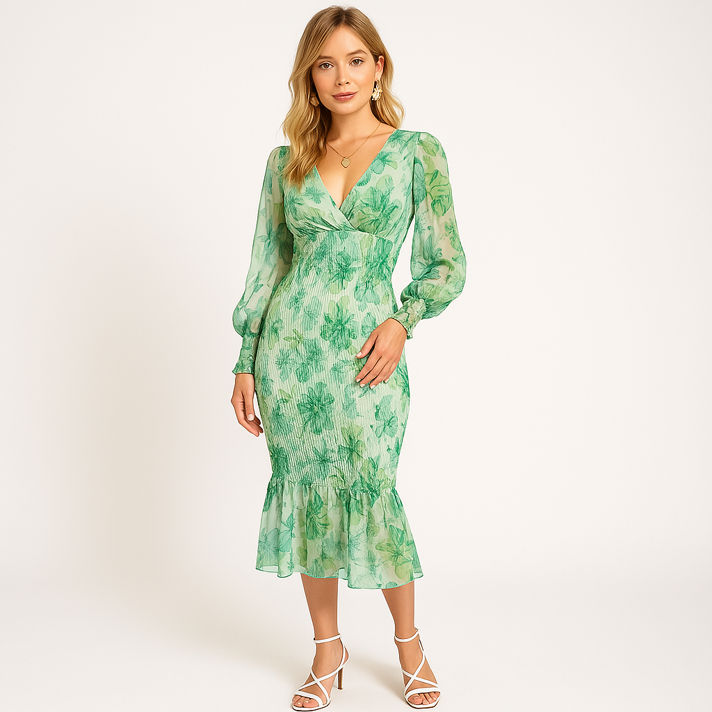 Robe Fleurie Midi | Bohème Chic | Volants & Manches Bouffantes