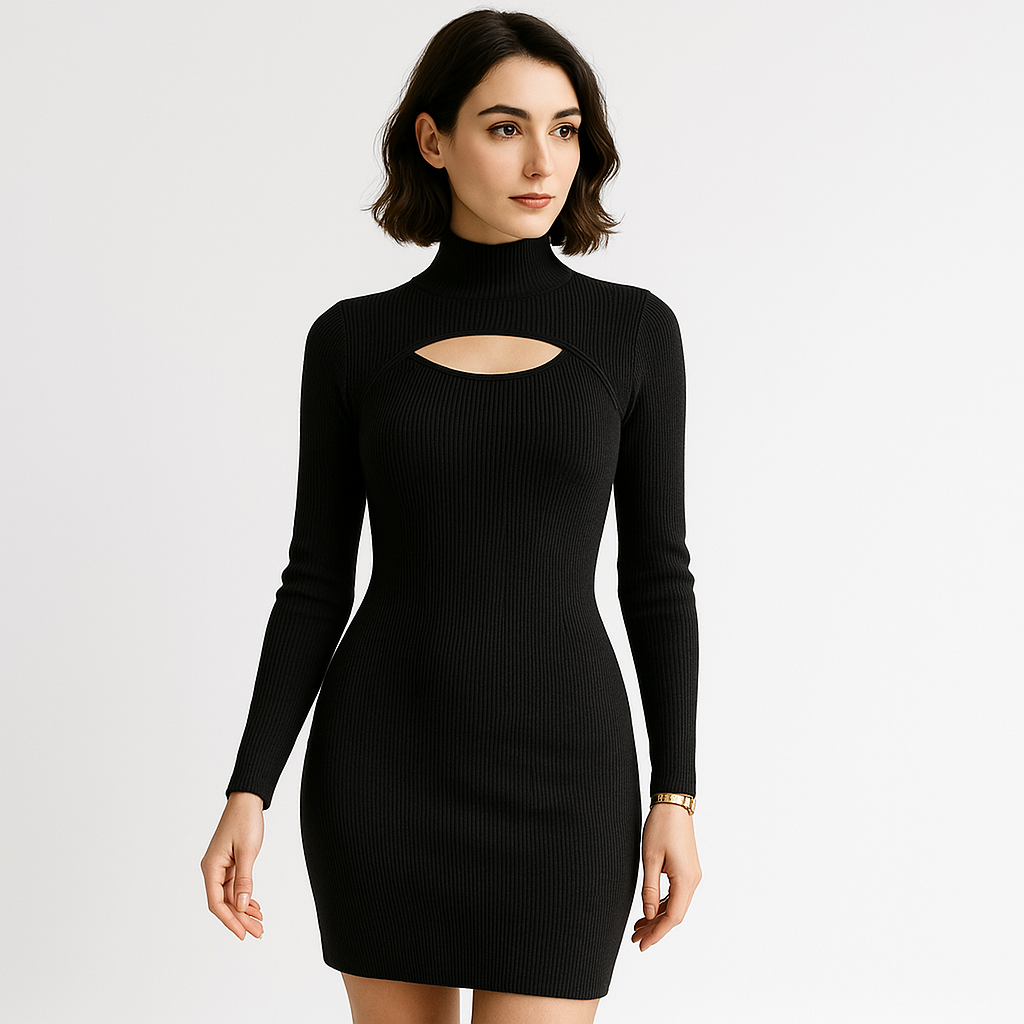 Robe Pull Élégante | Manches Longues | Col Montant Découpé