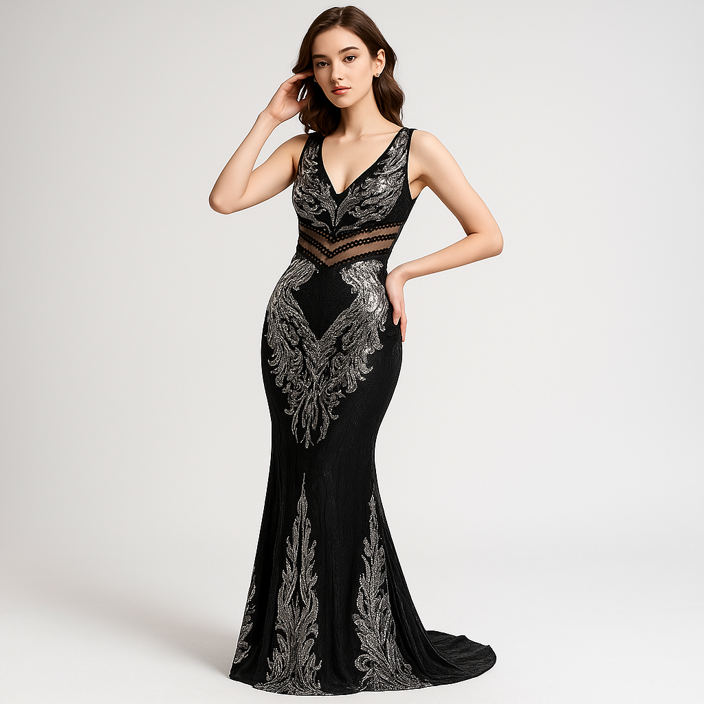Robe de Soirée Longue | Sequins Dorés ou Argentés | Silhouette Sirène
