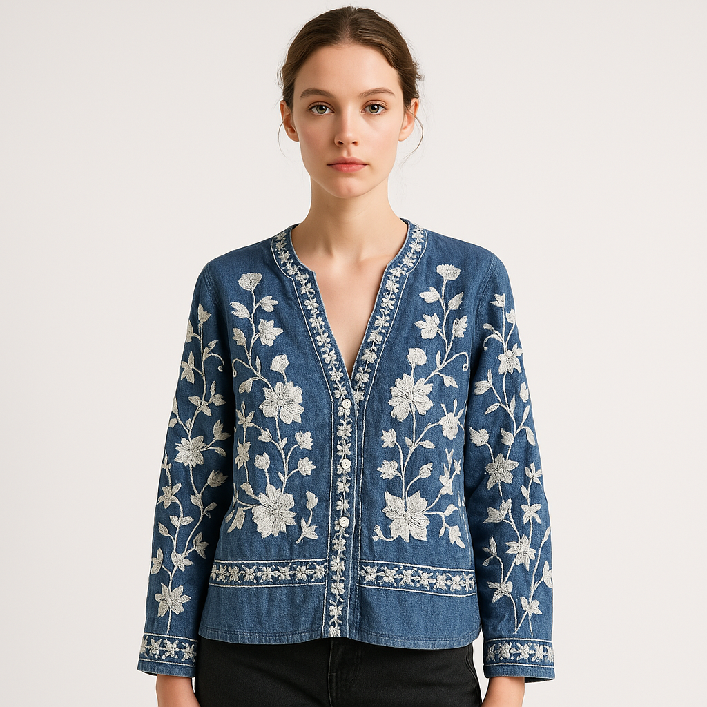 Blouse Brodée Bohème | Bleu Denim | Élégante et Décontractée