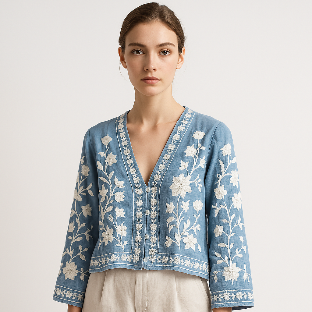 Blouse Brodée Bohème | Bleu Denim | Élégante et Décontractée