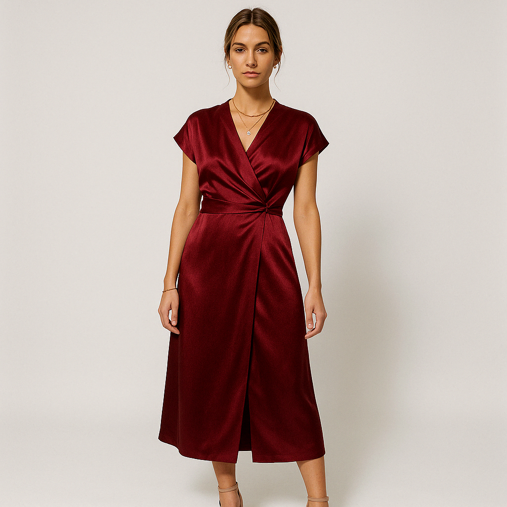 Robe Satinée Midi | Élégance Fluide | Tissu Brillant Doux