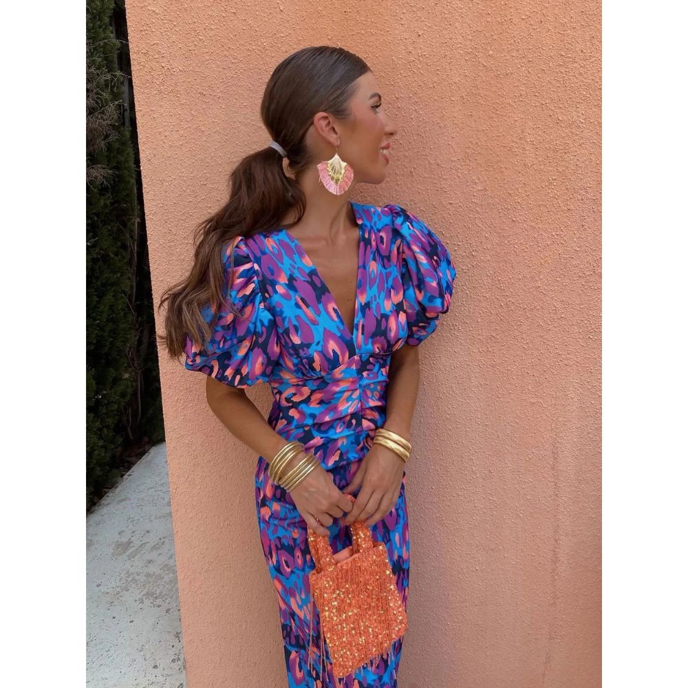 Robe Midi Imprimée | Manches Bouffantes | Élégante et Tendance